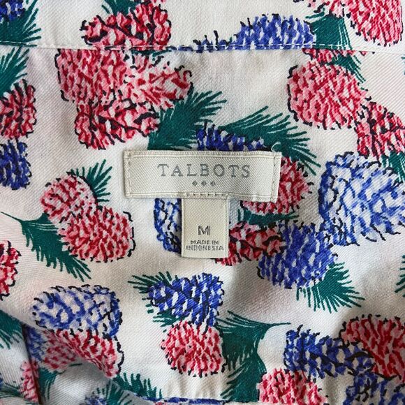 Talbots Button-up Shirt Size M Red Blue Pinecones Cotton Long Roll-Tab Sleeves - Picture 5 of 7